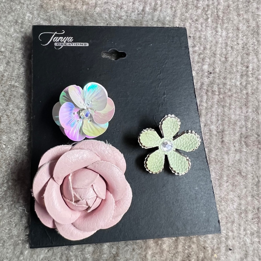 Tanya Creations Flower Pin Set OS Pastel Iridescent Sequin Leather Coquette